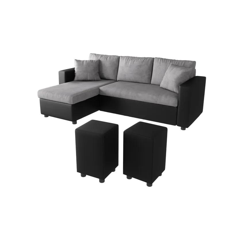 Preiswert Ecksofa Maria, umkehrbar und umwandelbar mit 2 Hockern