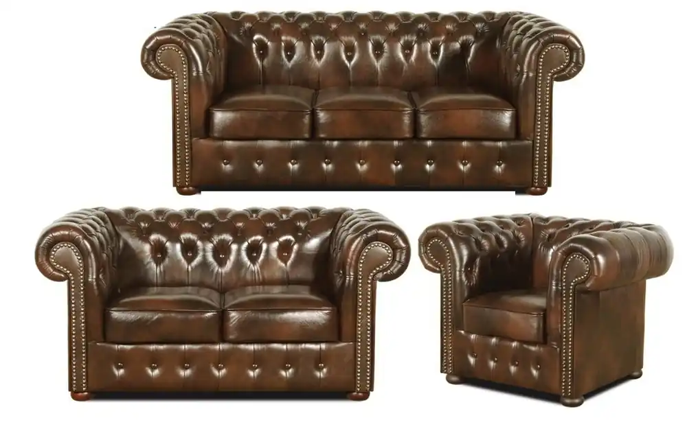 Bestpreis Casa Padrino Chesterfield Wohnzimmer 3er Set Dunkelbraun - Luxus Echtleder Möbel