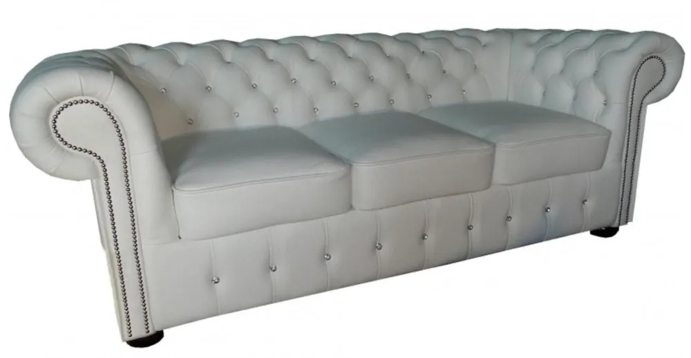 Bestseller Casa Padrino Chesterfield Echtleder 3er Sofa in weiß mit Glitzersteinen 200 x 90 x H. 78 cm - Luxus Möbel