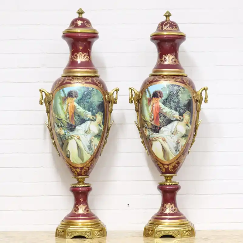 Abverkauf Casa Padrino Luxus Porzellan Vasen Set Bordeauxrot / Gold 30 x H. 100 cm - Dekorationen im Barockstil