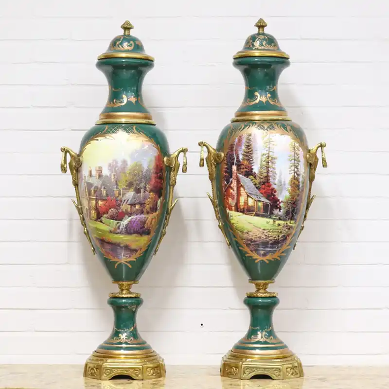 Casa Padrino Deko Vasen Grün / Gold 30 x H. 100 cm - Barockstil Porzellan Vasen Set Zertifiziert