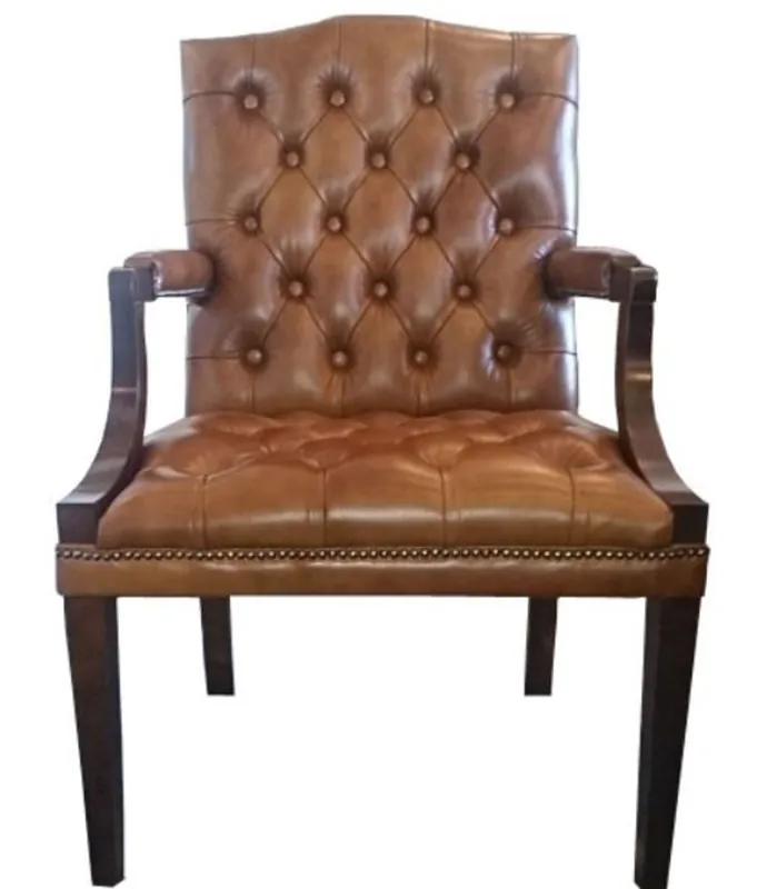 Saisonangebot Casa Padrino Echtleder Esszimmerstuhl mit Armlehnen in braun / dunkelbraun 60 x 60 x H. 100 cm - Chesterfield Möbel