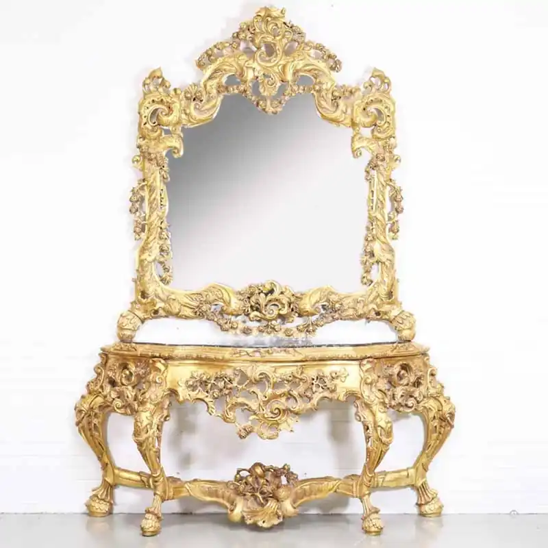 Casa Padrino Luxus Barock Spiegelkonsole mit Marmorplatte Gold 180 x H270 cm - Hotel Möbel - Konsole mit Spiegel Direkt Vom Hersteller