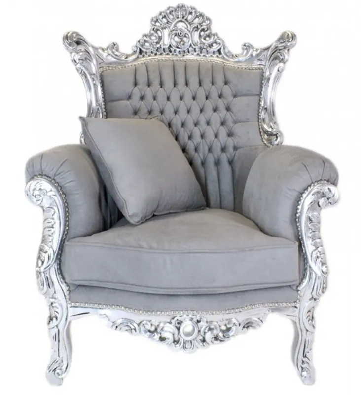 Sonderangebot Casa Padrino Barock Sessel "Al Capone" mit Kissen in grau / silber - Antikstil Wohnzimmermöbel