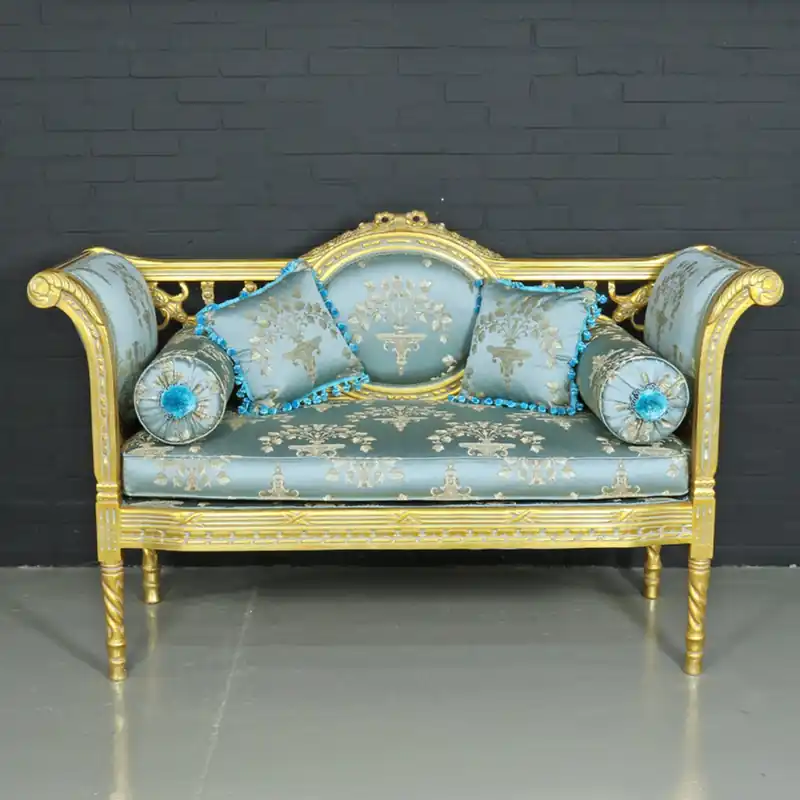 Casa Padrino Barock Sitzbank Helltürkis Muster / Gold 90 x 50 x H. 70 cm - Antikstil Sitzbank Billig