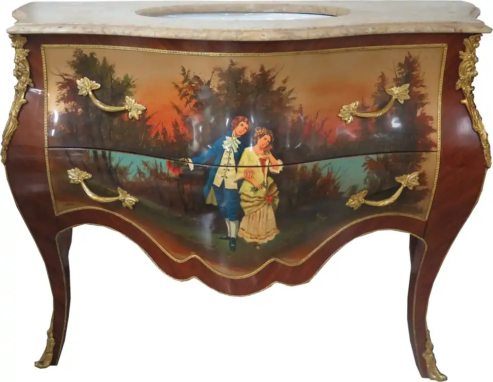 Casa Padrino Barock Waschtisch Braun mit Malerei und cremefarbener Marmorplatte - Luxus Barock Badezimmermöbel Top-Seller