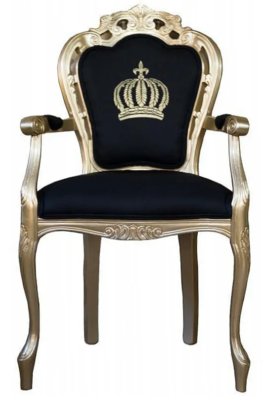 Wochenendangebot Pompöös by Casa Padrino Luxus Barock Esszimmerstuhl mit Armlehnen Schwarz / Gold - Pompööser Barock Stuhl designed by Harald Glööckler