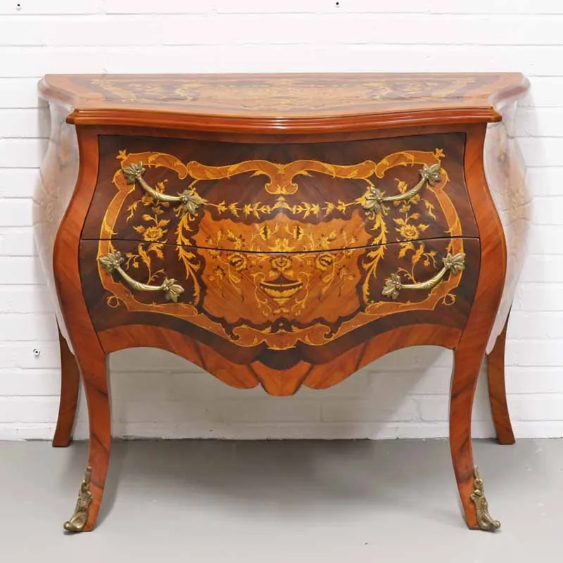 Casa Padrino Barock Kommode mit 2 Schubladen in mahaginibraun Intarsien / messing 100 x 55 x H. 85 cm - Barockstil Möbel Knallerangebot