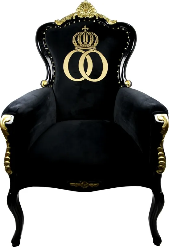 Neu Im Sortiment Pompöös by Casa Padrino Luxury Baroque Armchair Bergere Black / Gold with Gold Crown - Pompööser Baroque Armchair designed by Harald Glööckler