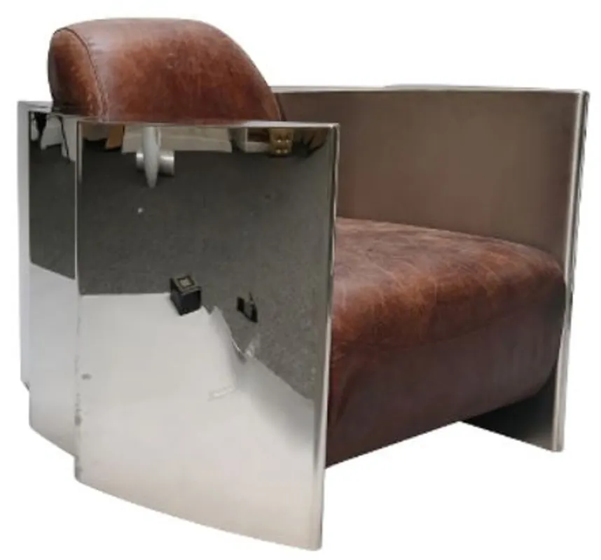 Casa Padrino Genuine Leather Club Armchair Vintage Brown / Silver 68 x 89 x H. 73 cm - Luxury Quality Sonderaktion