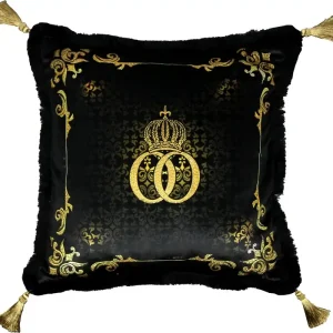 Solange Der Vorrat Reicht Harald Glööckler Luxury Deco Baroque Pillow Pompöös by Casa Padrino Black / Gold Crown Deluxe with rhinestones and tassels
