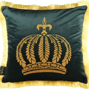 Harald Glööckler luxury cushion Pompöös by Casa Padrino dark green / gold crown with rhinestones - Glööckler cushion Preis Gesenkt