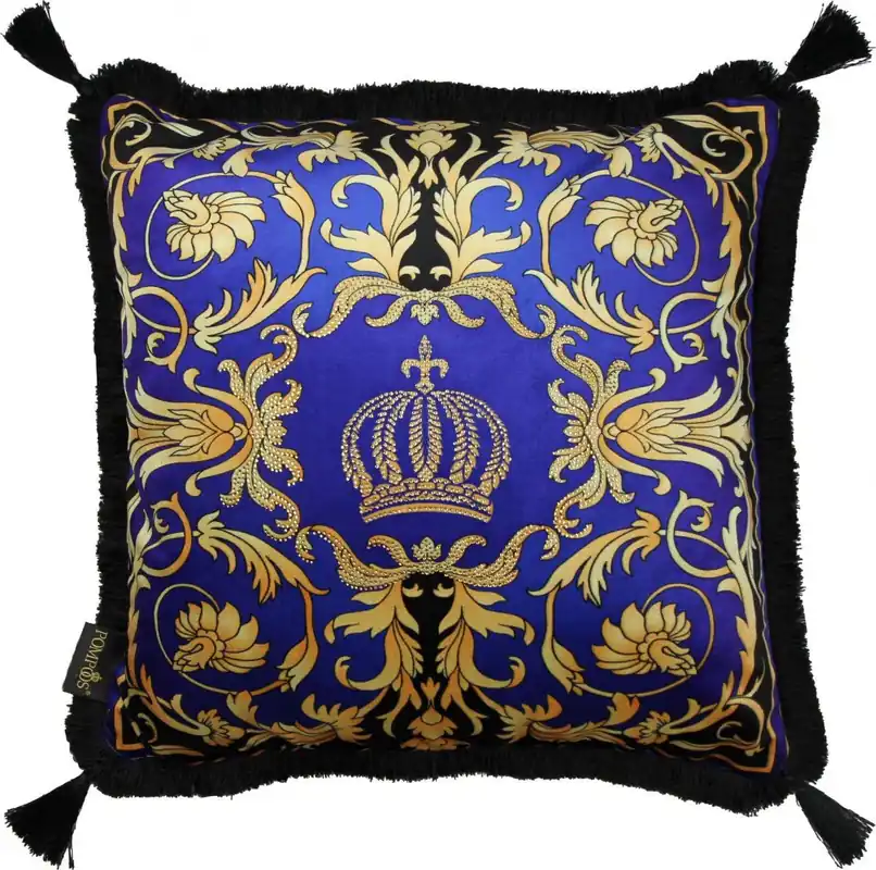 Markenware Harald Glööckler luxury decorative baroque pillow Pompöös by Casa Padrino blue / gold crown Deluxe with rhinestones and tassels - Glööckler pillow