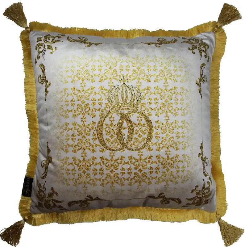 Harald Glööckler luxury decorative baroque pillow Pompöös by Casa Padrino cream / gold crown Deluxe with rhinestones and tassels - Glööckler pillow Ausverkauf