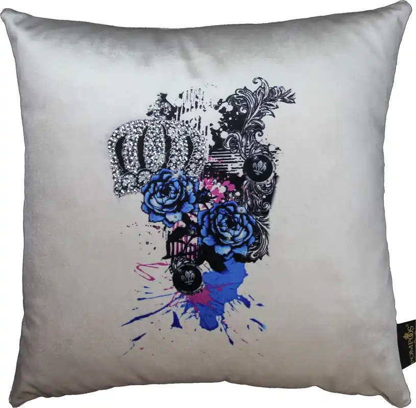 Kracherpreis Harald Glööckler luxury decorative pillow blue roses Pompöös by Casa Padrino cream / black crown with rhinestones - Glööckler pillow