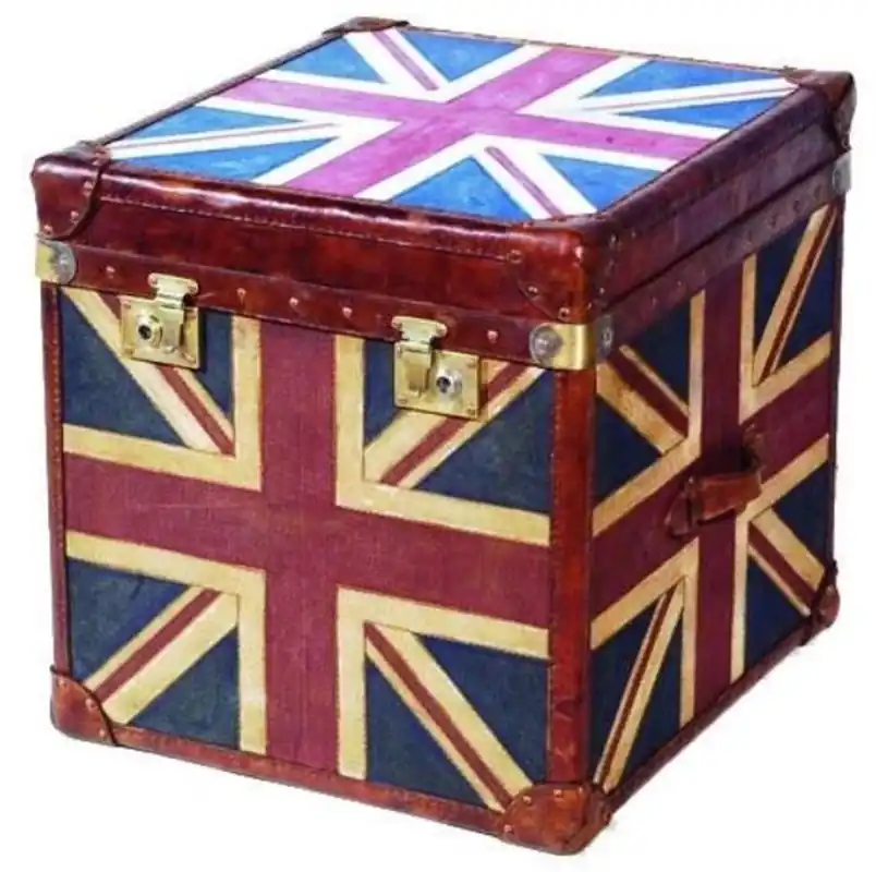 Casa Padrino Luxury Chest Multicolor 60 x 60 x H. 60 cm - Handmade Genuine Leather Chest with Union Jack Design Rabatt