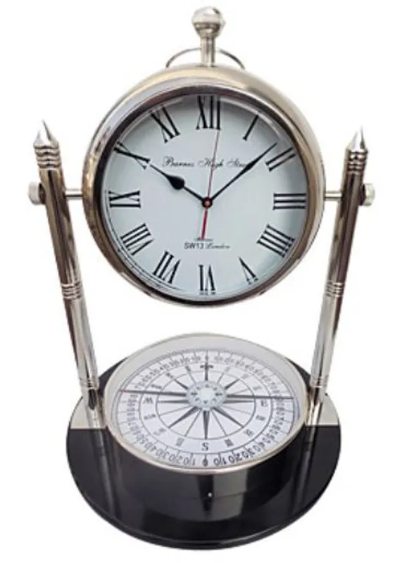 Direkt Vom Hersteller Casa Padrino Table Clock with Compass Silver / Black Ø 48 x H. 63.5 cm - Living Room Deco