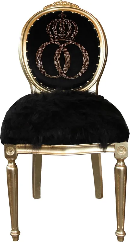 Neu Pompöös by Casa Padrino Luxury baroque dining chair faux fur black / gold crown with rhinestones - Pompööser Baroque chair designed by Harald Glööckler