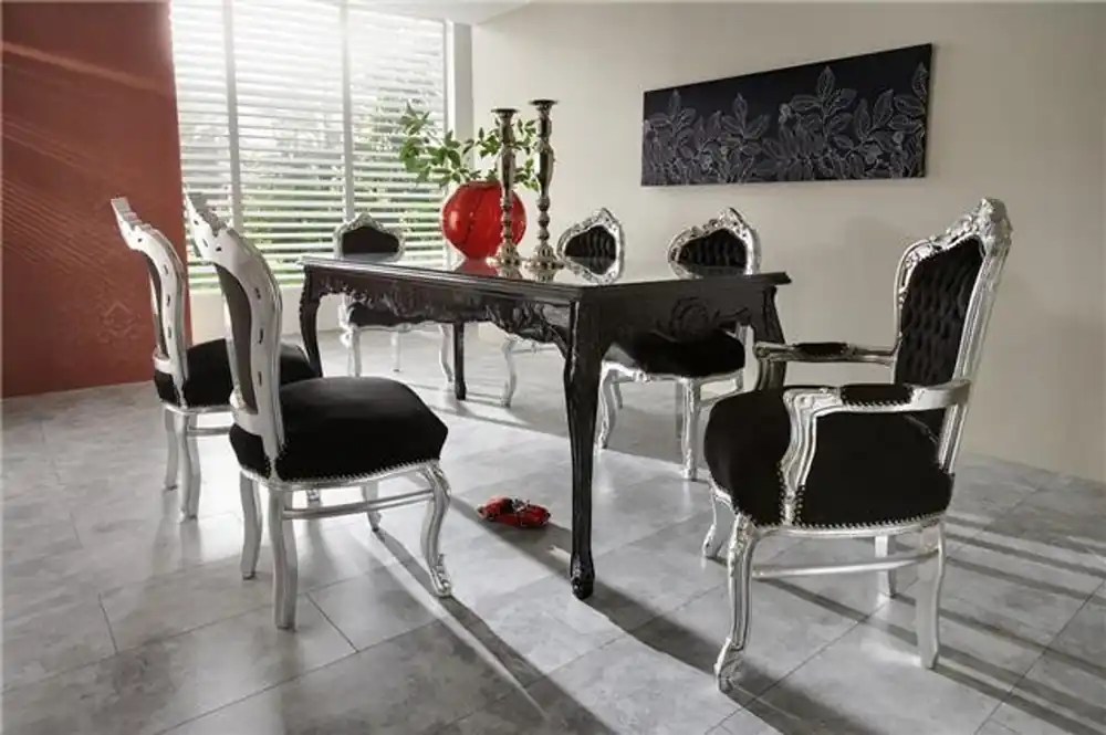 Neue Ware Baroque Dining Room Set Black/Silver - Dining Table + 6 Chairs