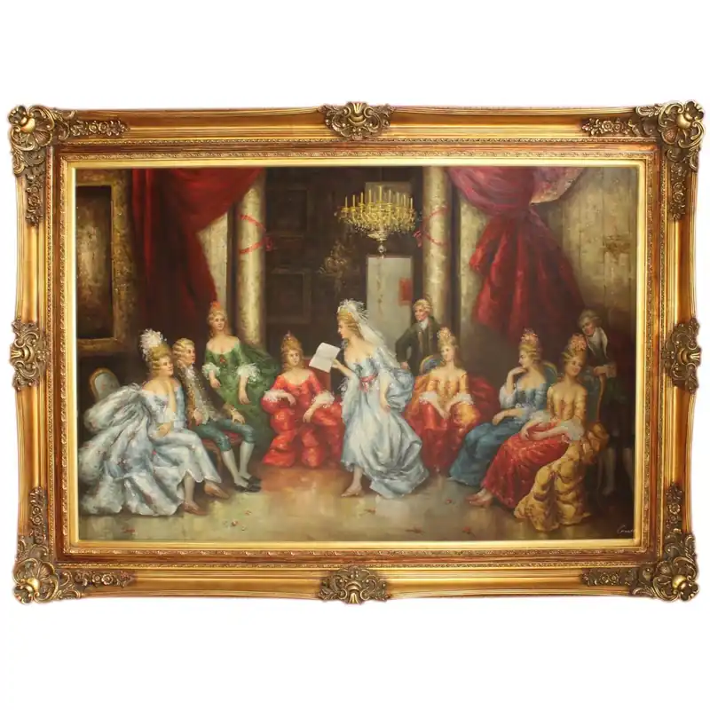 Top-Preis Huge Hand Painted Baroque Oil Painting Literary Evening Gold Pompous Frame 225 x 165 x 10 cm - Massive Material