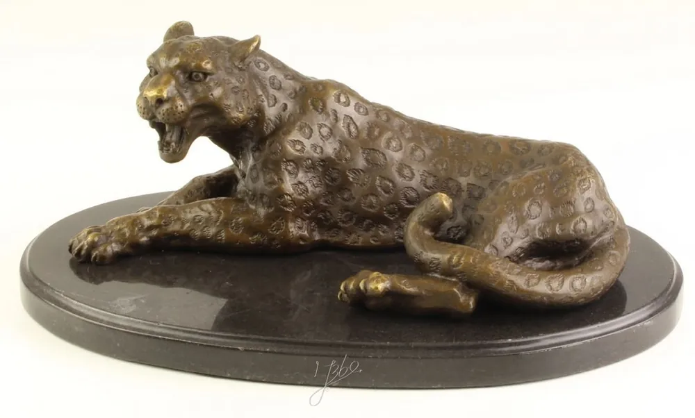 Aktuell Casa Padrino Luxury Bronze Figure / Sculpture Leopard on Marble Base 28.4 x 16.5 x H. 11.4 cm - Living Room Decoration