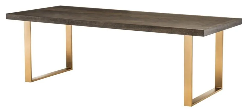 Garantierte Lieferung Casa Padrino Luxury Stainless Steel Dining Table with Oak Veneer Table Top Dark Brown / Brass 230 x 100 x H. 75.5 cm - Luxury Quality