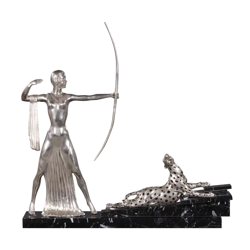 Preiswert Casa Padrino bronze figures lady with bow and tiger on marble base silver / black 85 x 13 x H. 82 cm - Luxury Decoration
