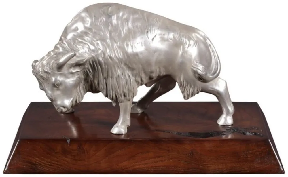 Casa Padrino luxury bison bronze figure silver / brown 35 x 18 x H. 20 cm - Silver Plated Deco Figurine with Mahogany Wood Base Aktuell
