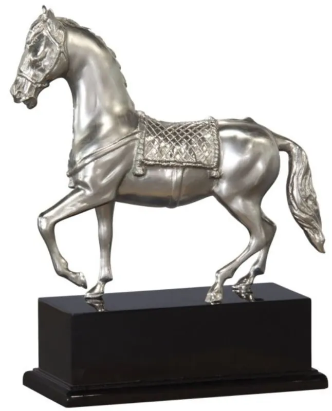 Casa Padrino luxury bronze figure horse with wooden base silver / antique black 31.5 x 12.5 x H. 37.3 cm - Silver Plated Decoration Figurine Finale Aktion