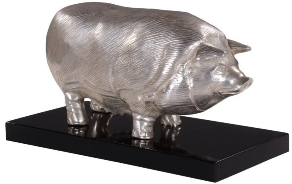 Casa Padrino luxury bronze figure pig on wooden base silver / black 35 x 17 x H. 19 cm - Silvered Decoration Figure Schnäppchen
