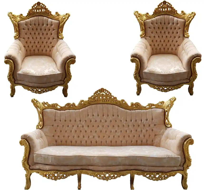 Wochenendangebot Casa Padrino Baroque Living Room Set Master Cream Pattern / Gold with Bling Bling Rhinestones - 3 seater sofa + 2 armchairs - Limited Edition!