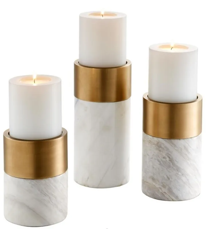 Casa Padrino Luxury Marble Tealight Holder Set White / Brass - Living Room Decoration Preiswert