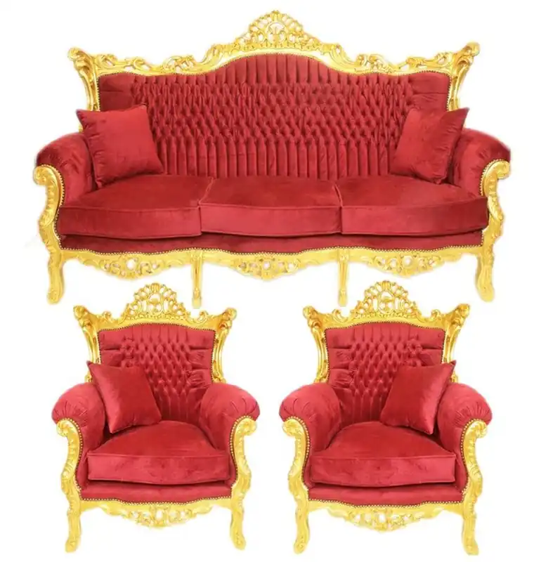 Casa Padrino Baroque Living Room Set Bordeaux velvet fabric / gold - 3 seater sofa + 2 armchairs Bestseller