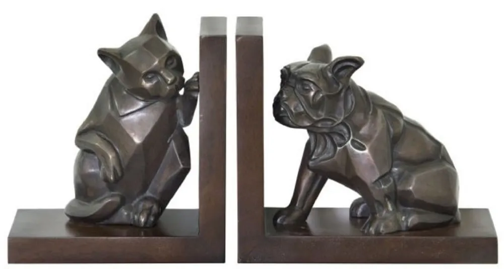 Expressversand Casa Padrino Luxury Bookend Set Cat & Dog Bronze / Brown 18 x 18 x H. 10 cm - Deco Bronze Figures with Wooden Base