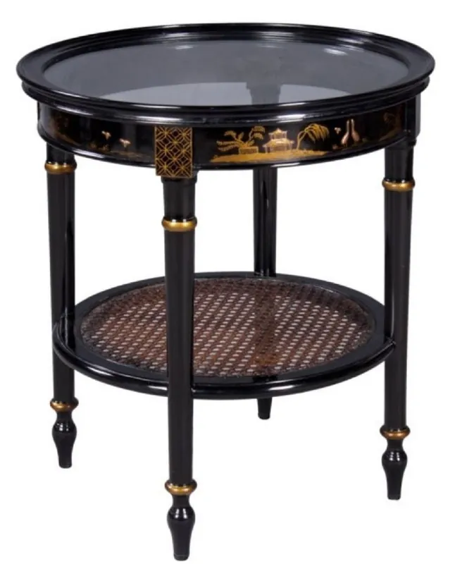Casa Padrino Luxury Baroque Side Table Black / Gold Ø 48 x H. 53 cm - Round Mahogany Side Table with Glass Top and Chinese Decorations Angebot