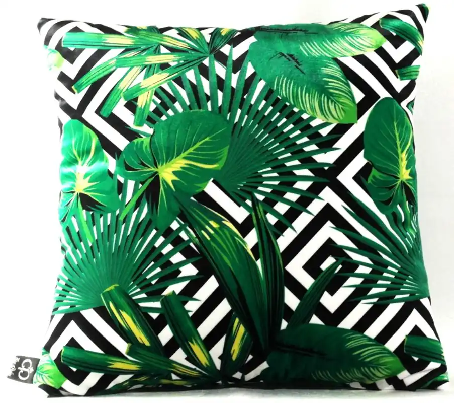 Casa Padrino Luxury Pillow Miami Palm Leaves Black / White / Green 45 x 45 cm - Finest Velvet Fabric - Decorative Living Cushion Neuheit
