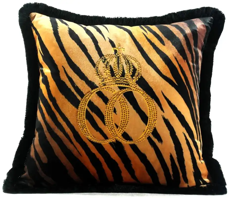 Harald Glööckler Luxury Decorative Pillow Pompöös by Casa Padrino Crown Deluxe Tiger With Rhinestones Black / Orange / Gold - Finest Velvet Fabric - Glööckler Pillow Geprüft