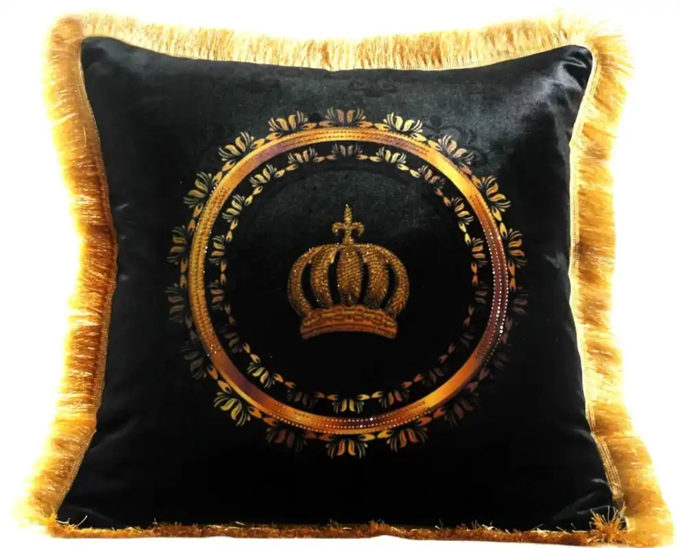 Heißes Angebot Harald Glööckler Luxury Decorative Pillow Pompöös by Casa Padrino Luxury Crown with Rhinestones Black / Gold - Finest Velvet Fabric - Glööckler Pillow