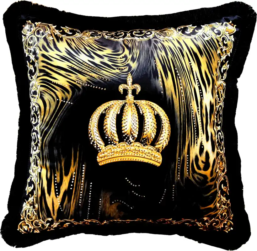 Neu Im Sortiment Harald Glööckler Luxury Decorative Pillow Pompöös by Casa Padrino Crown & Flames with Rhinestones Black / Gold - Finest Velvet Fabric - Glööckler Pillow