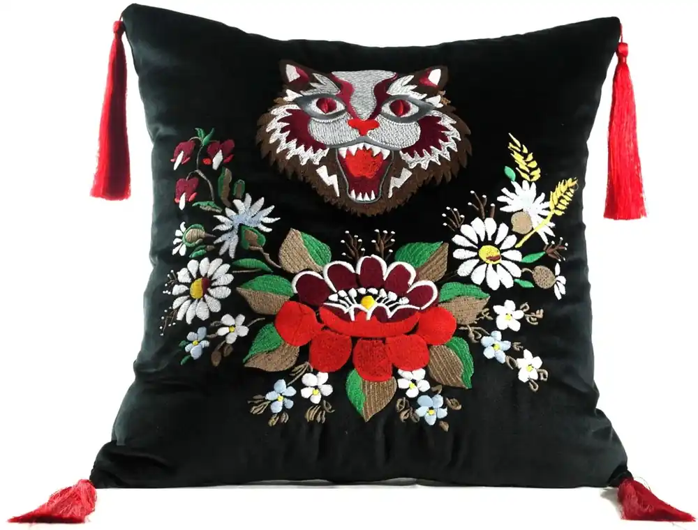 Nur Für Kurze Zeit Casa Padrino luxury pillow with tassels cat black / multicolor 45 x 45 cm - Finest Velvet Fabric - Living Room Pillow