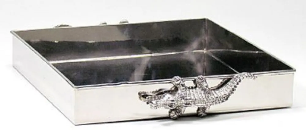 Casa Padrino Brass Serving Tray Croco Silver 30 x 30 x H. 6 cm - Luxury Tray Echt