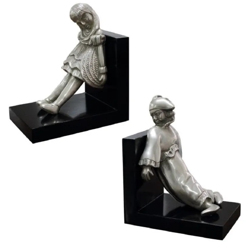Casa Padrino Luxury Bookend Set Girl & Clown Silver / Black 14 x 10 x H. 17 cm - Silver Plated Deco Bronze Figures with Wooden Base Jetzt Bestellen
