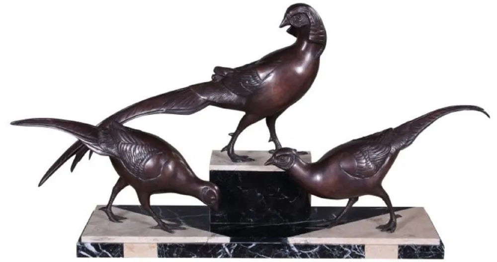 Casa Padrino luxury decoration bronze figures 3 pheasants bronze / black / white 84 x 20 x H. 42 cm - Decoration Figures with Marble Base Must-Have