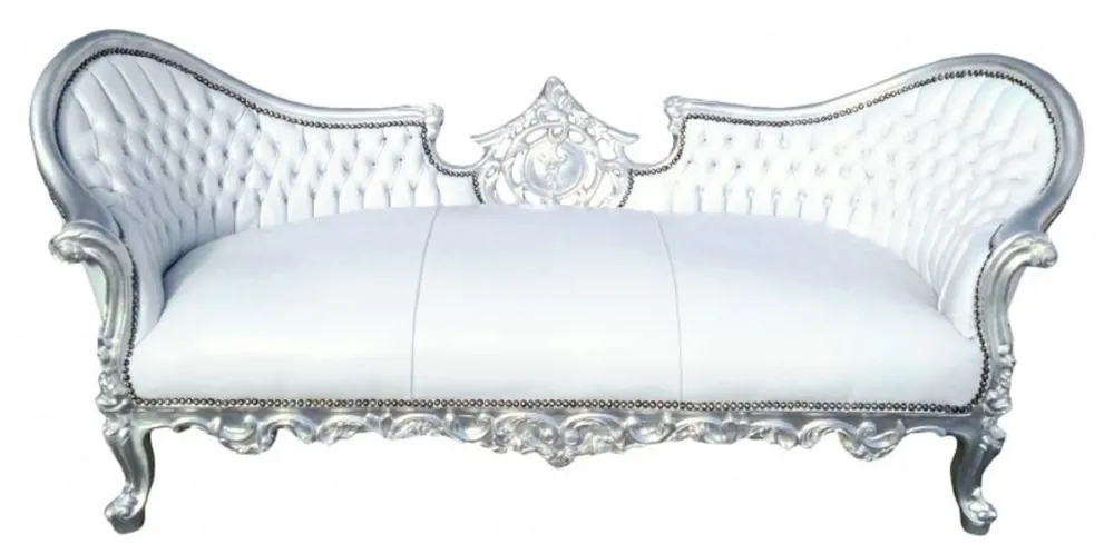 Casa Padrino Baroque Sofa Vampire White / Silver 200 x 75 x H. 82 cm - Handmade Lounge Couch with Leather Look - Limited Edition - Baroque Furniture Preiswert