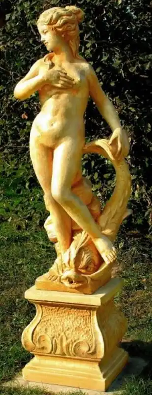 Casa Padrino Art Nouveau Garden Decoration Sculpture / Statue Girl with a Fish Beige 45 x 37 x H. 130 cm - Stone Figure Garden Sculpture Rabatt
