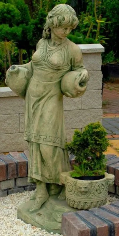 Must-Have Casa Padrino Art Nouveau Gargoyle Sculpture Woman with Jugs and Decorative Flowerpot Green / Beige 63 x 61 x H. 140 cm - Garden Deco Statue Stone Figure