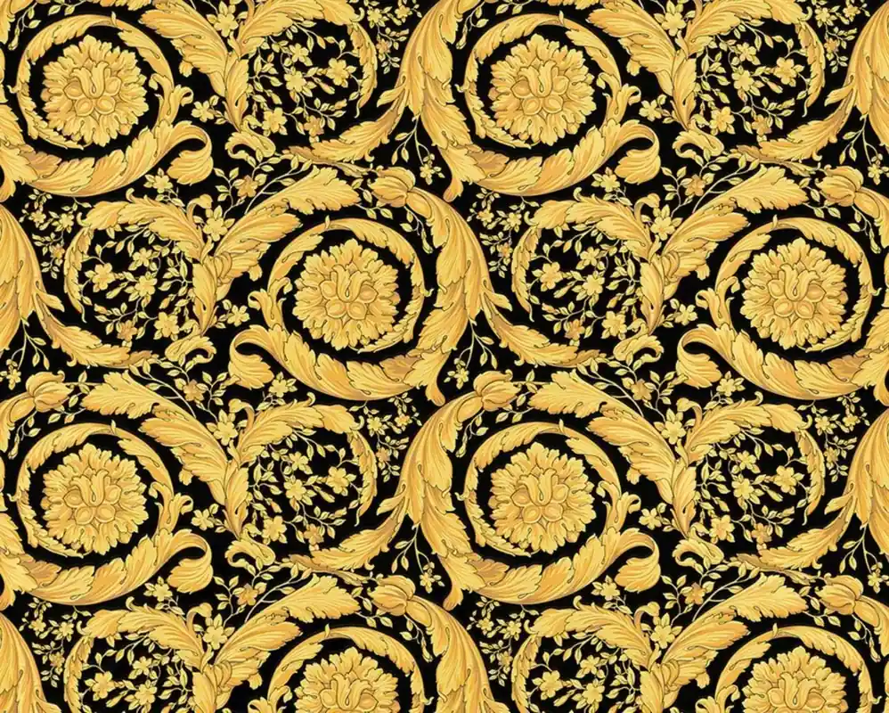 Versace Designer Baroque Satin Wallpaper Barocco Flowers 935834 Black / Yellow Gold - Design Wallpaper - Deco Accessories Neue Kollektion