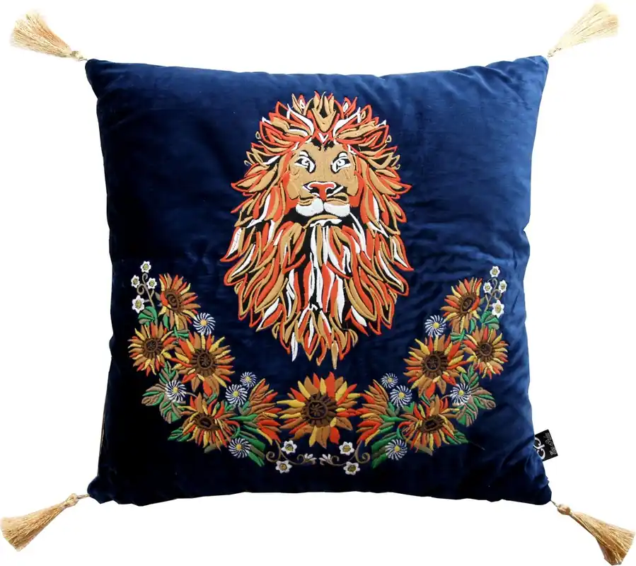 Letzte Chance Casa Padrino luxury decorative cushion with tassels Lion Dark Blue / Gold 45 x 45 cm - finest velvet fabric - luxury quality