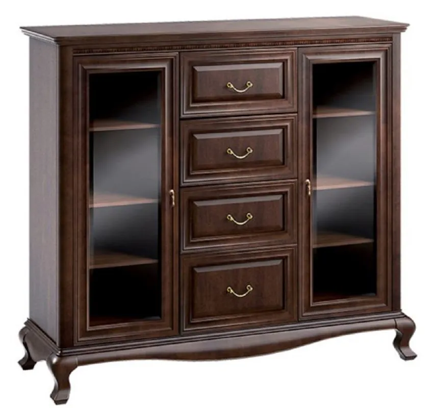 Casa Padrino Luxury Art Nouveau Cabinet Dark Brown 148.3 x 45.6 x H. 133.2 cm - Solid Wood Cabinet with 2 Glass Doors and 4 Drawers Top-Seller