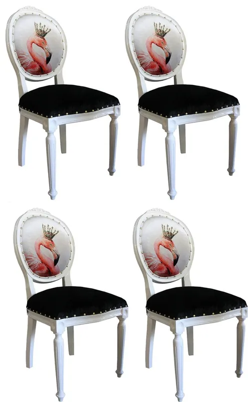Casa Padrino Luxury Baroque Dining Room Set Flamingo with Crown White / Black / Multicolor 48 x 50 x H. 98 cm - 4 Handmade Dining Chairs with Bling Bling Rhinestones - Baroque Dining Room Furniture Letzte Chance